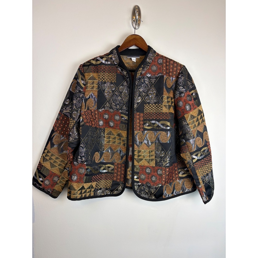 Dressbarn Open Front Blazer 2X Multicolor Tapestry Patchwork Metallic Artsy Vtg